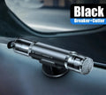 Black and red aluminium alloy car emergency hammer with tungsten steel tip and integrated seat belt cutter on a mounting base.
