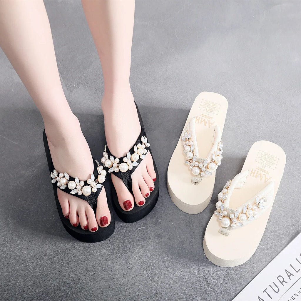 Women's high-heeled flip-flops in beige or black with cotton cloth upper