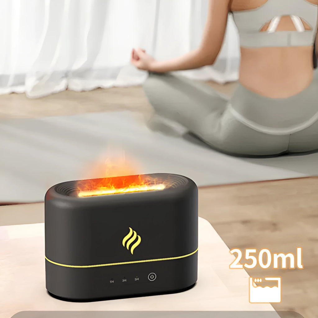 Black and white USB humidifier showing seven-colour flame light effect on a desk.