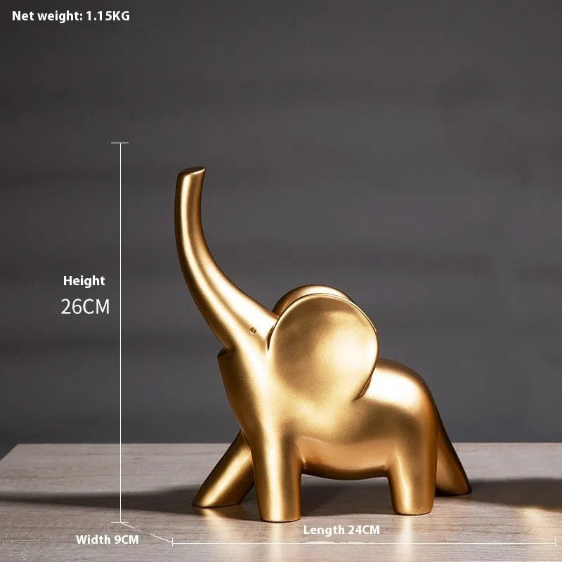 Minimalist rose gold and white resin elephant ornaments on a shelf, showing large and small sizes.