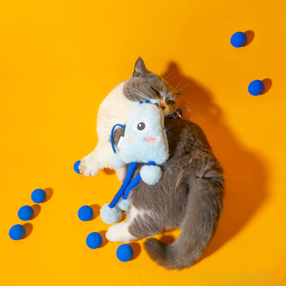 Blue telescopic elastic plush cat toy with mint bell measuring 30x30cm