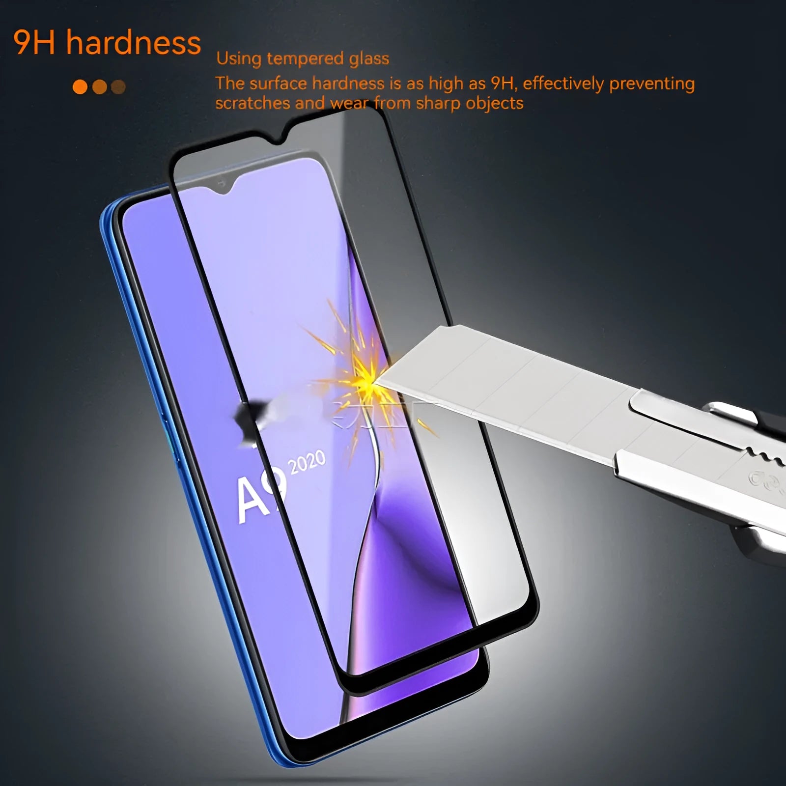 OPPO A9 2020 full screen tempered glass protector with black colour options and anti-fingerprint coating
