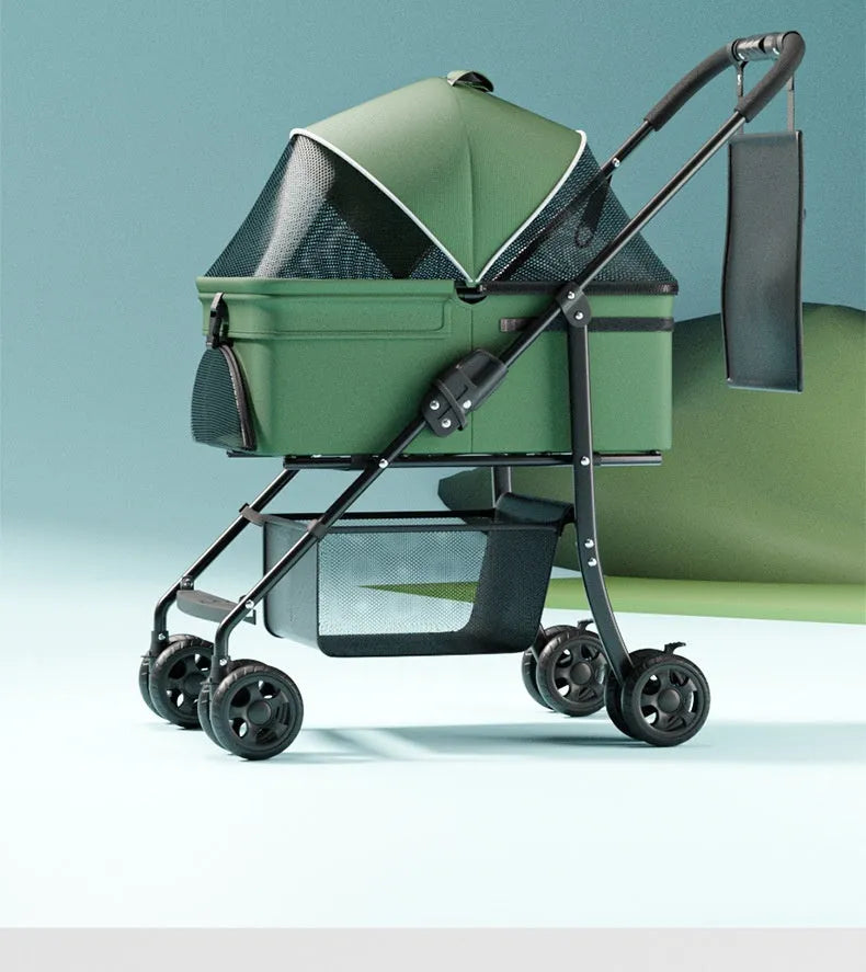 Black one-click folding pet cart with removable design and metal frame