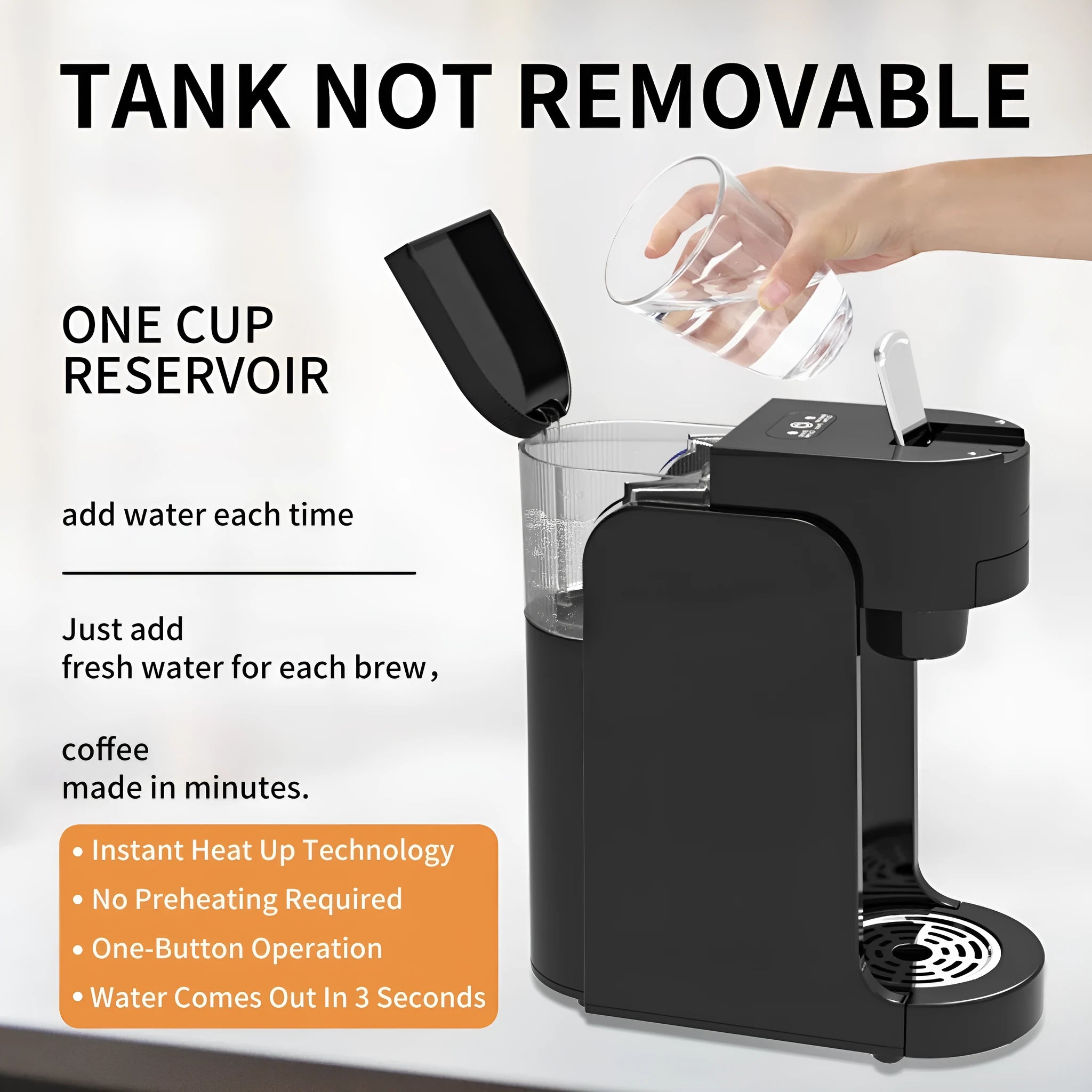 Small black capsule coffee machine with transparent water tank and adjustable stainless steel drip tray