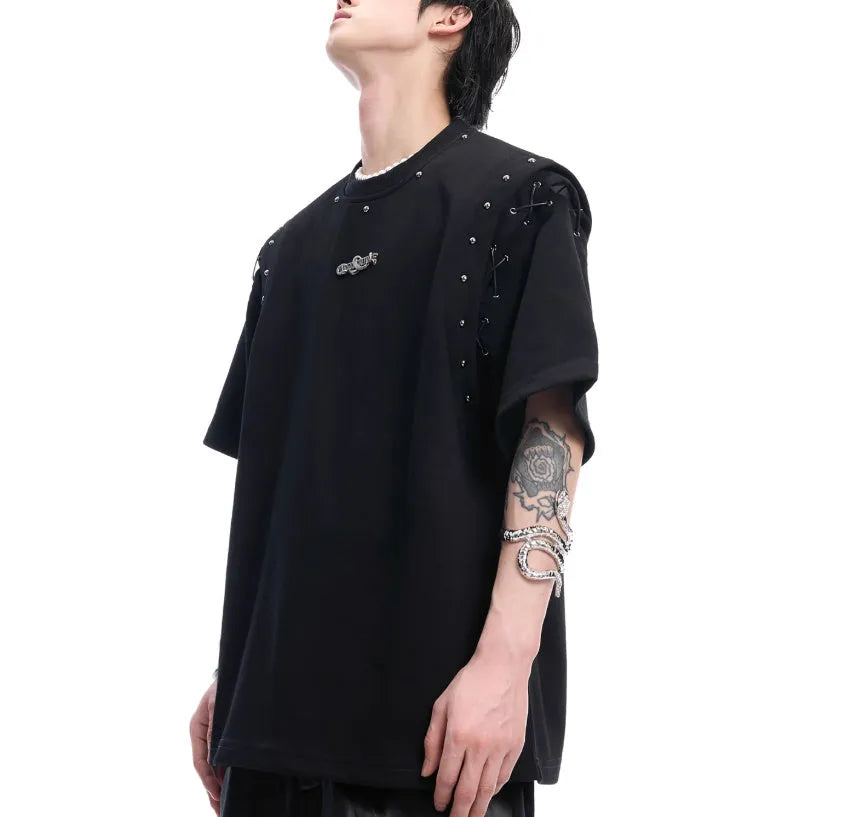 Black niche deconstruction short sleeve T-shirt with lace-up cutout design detail