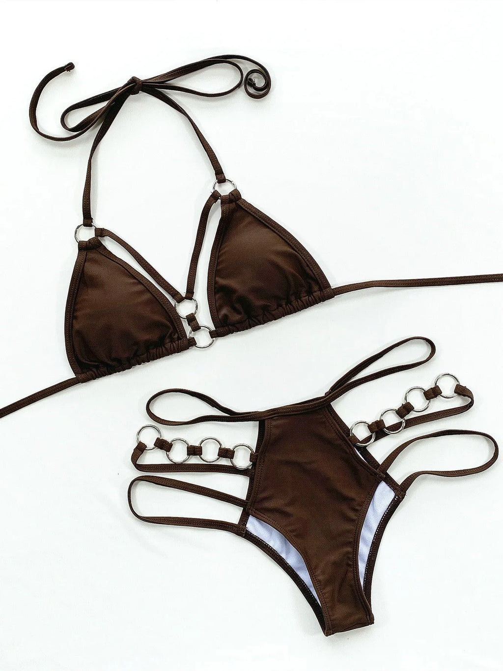 Women's pure colour bikini set with separated top and shorts in nylon fabric.