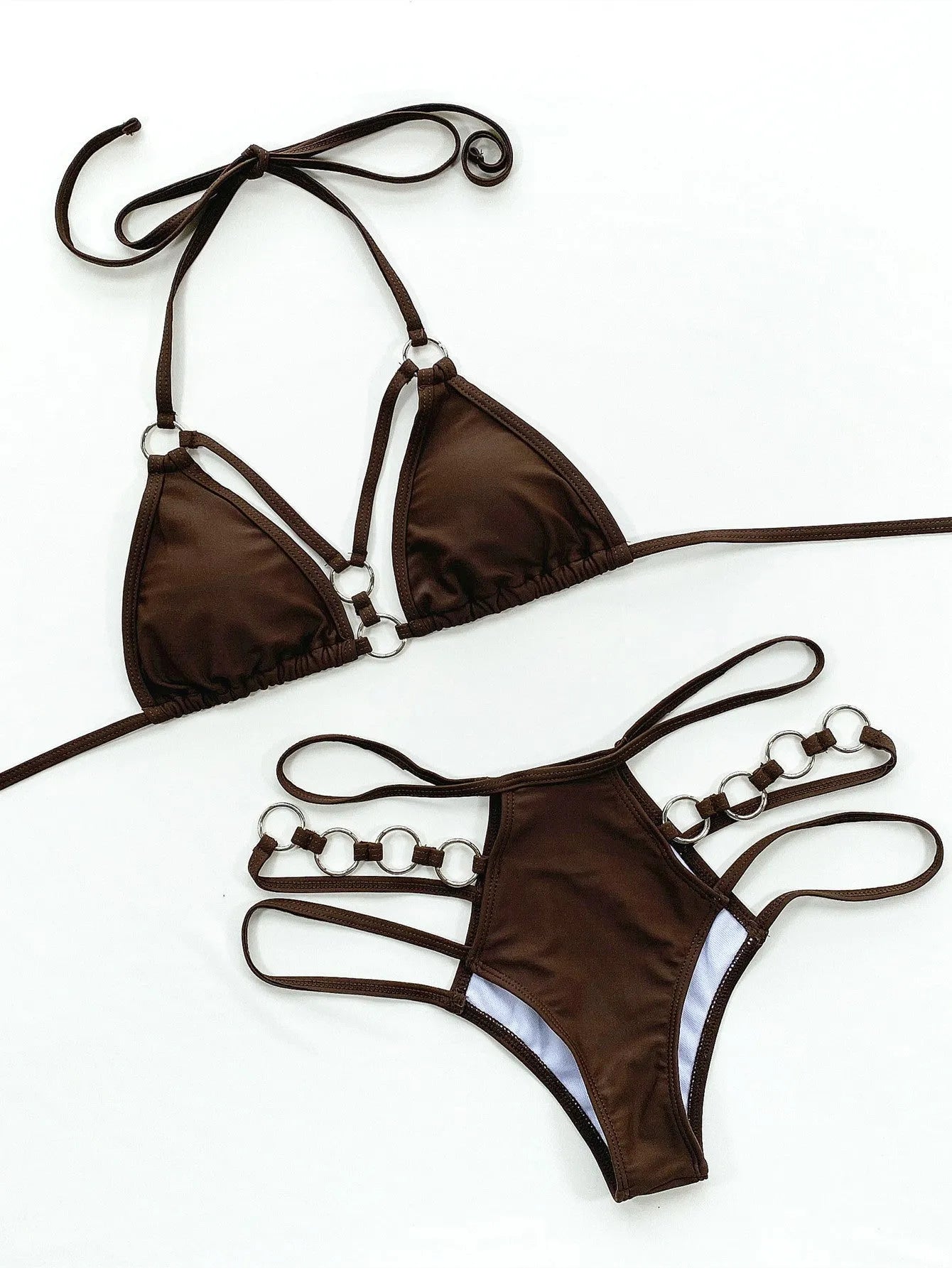 Women's pure colour bikini set with separated top and shorts in nylon fabric.