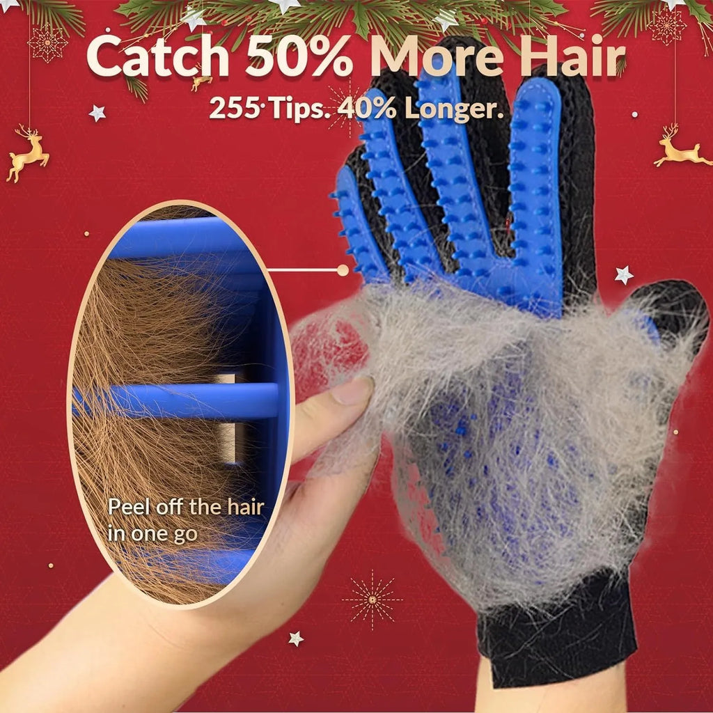 Blue pet grooming gloves with silicone tips for gentle hair removal from dogs and cats