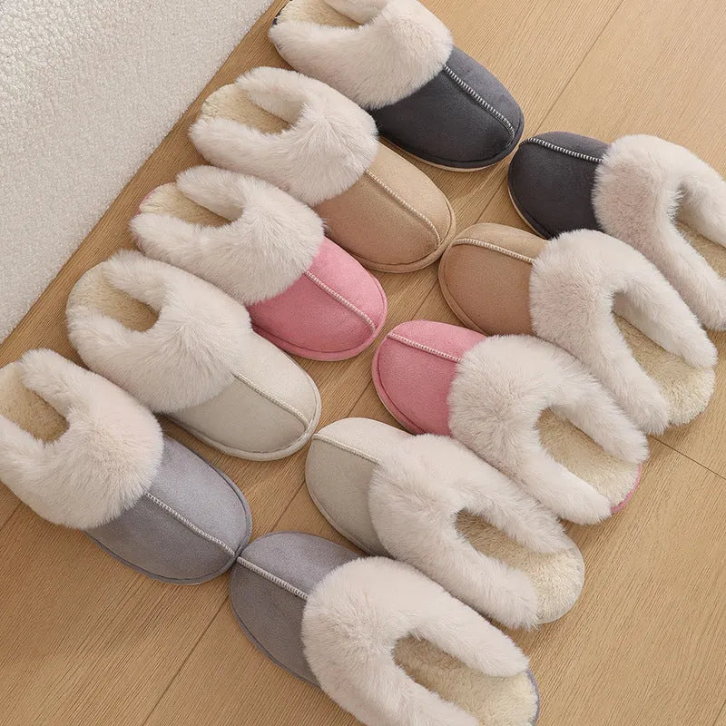 Women's brown plush indoor slippers with artificial wool lining and a textured PVC sole.