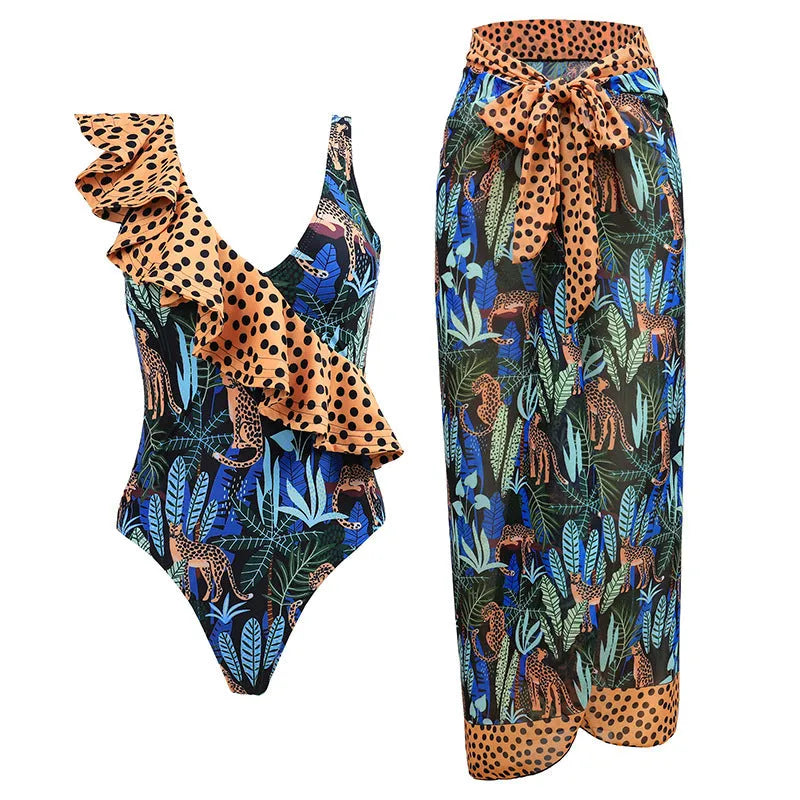 Women's solid colour one-piece swimsuit with removable skirt and spaghetti straps
