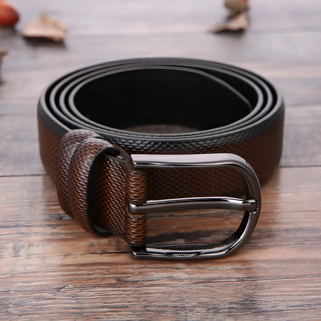 Men's black imitation leather business belt with an alloy pin buckle and laser logo elephant pattern.