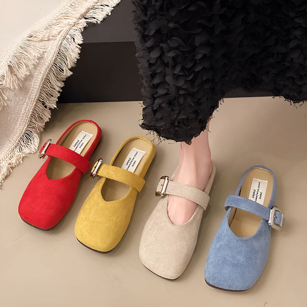 Women's flat closed toe half slippers in square toe design with rubber sole