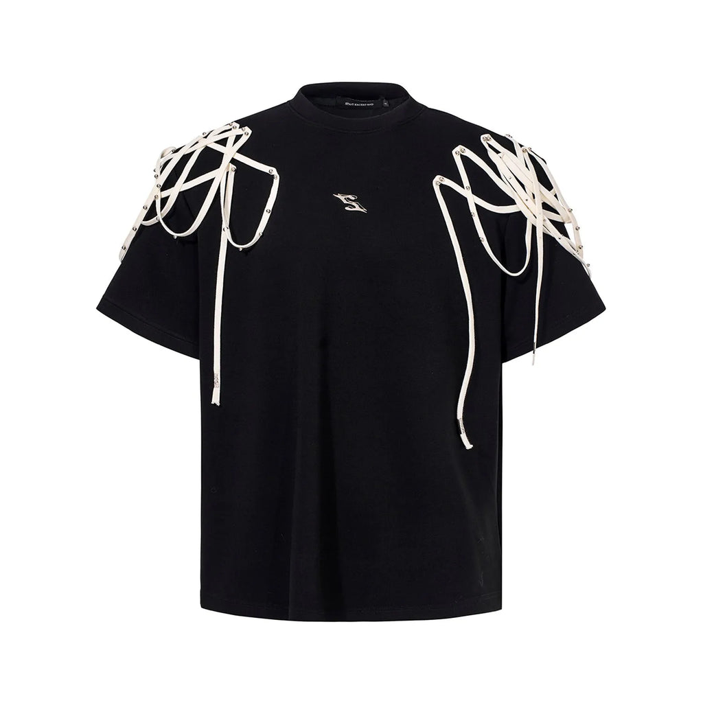 Black loose-fit T-shirt with padded shoulders featuring rivet ribbon detail, short sleeves, and round neck