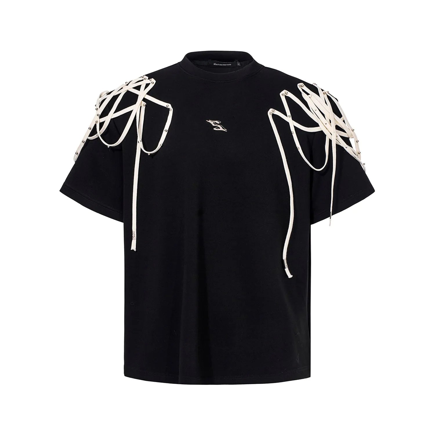 Black loose-fit T-shirt with padded shoulders featuring rivet ribbon detail, short sleeves, and round neck