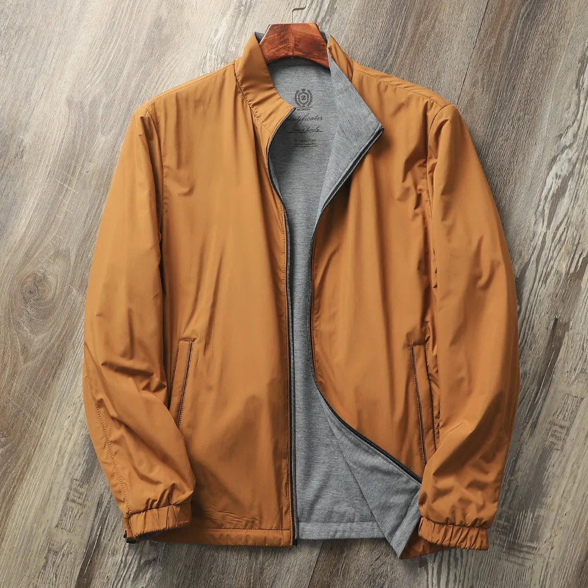 Men's stand collar jacket in polyester blend available in Army Green, Black, Blue and Orange colours
