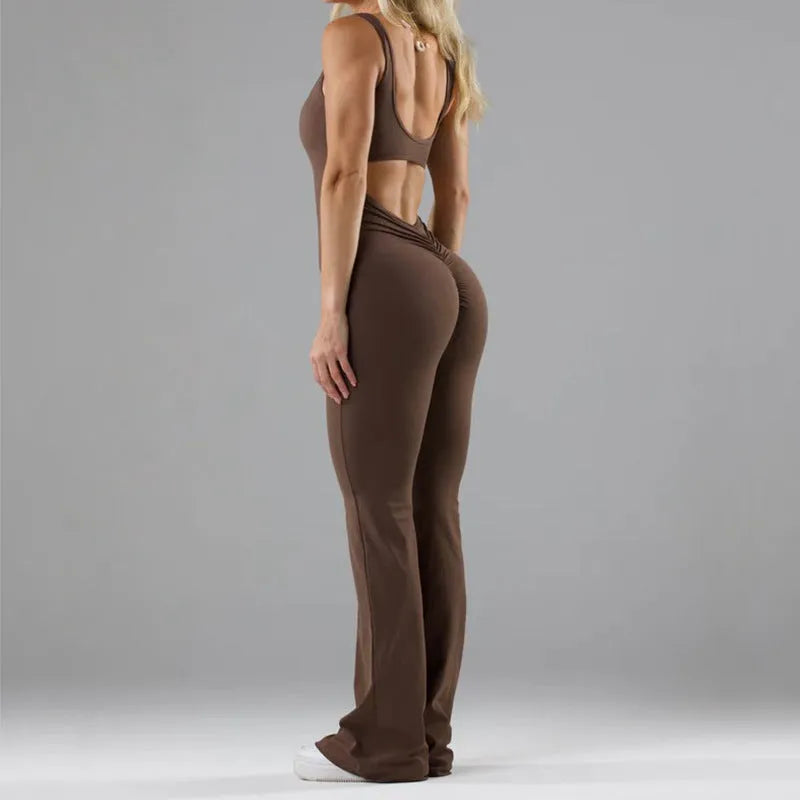 Women's tight seamless yoga bodysuit with hollow-out design and chest padding in black colour