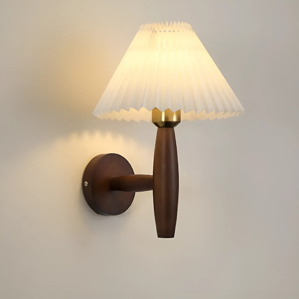 American retro style adjustable wall lamp in walnut wood with a fabric shade, mounted beside a bed.