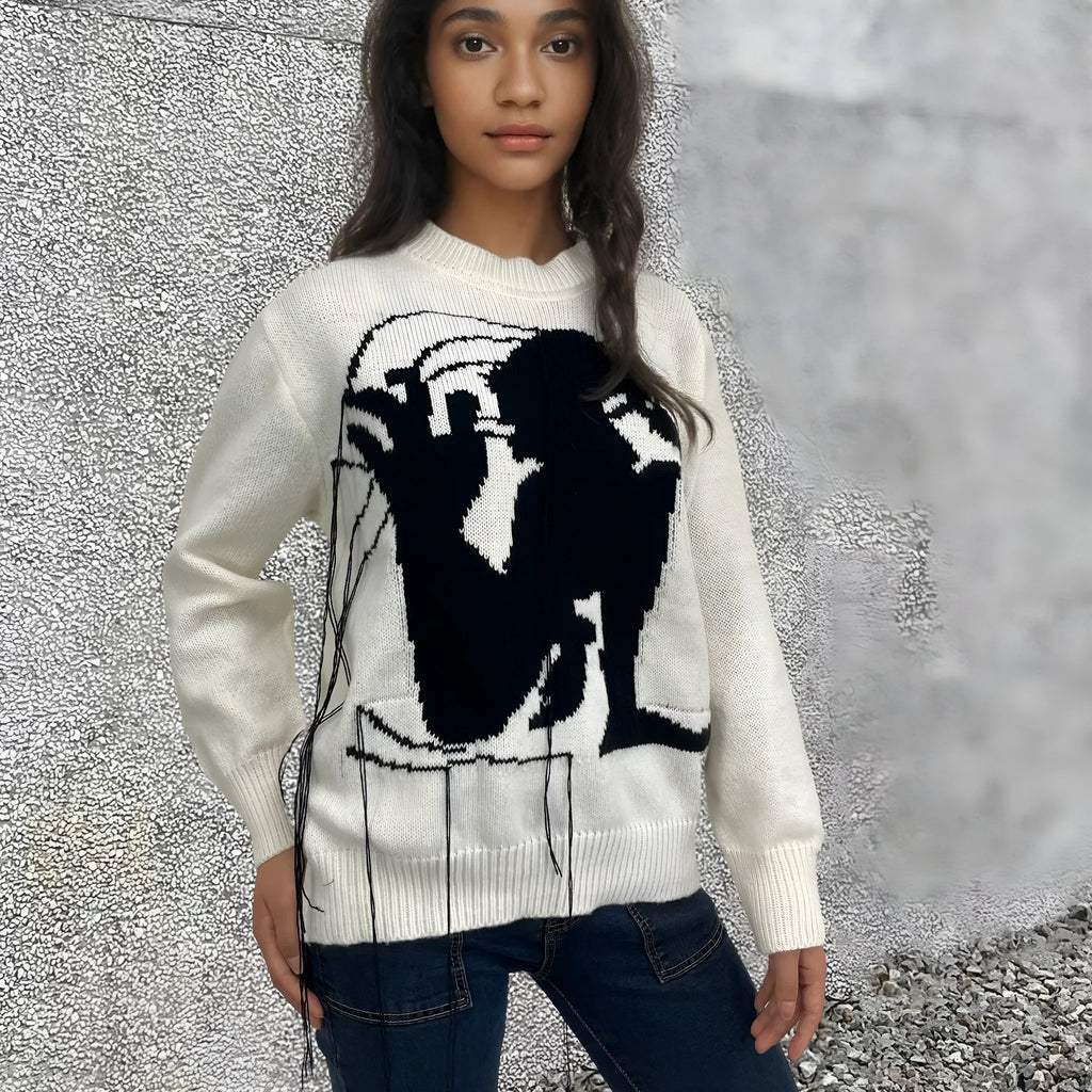 Women's loose fit alpaca wool sweater with tassel design and abstract pattern in street fashion style