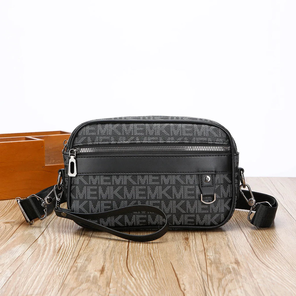 Men's geometric pattern messenger bag with shoulder strap and handheld option in black colour