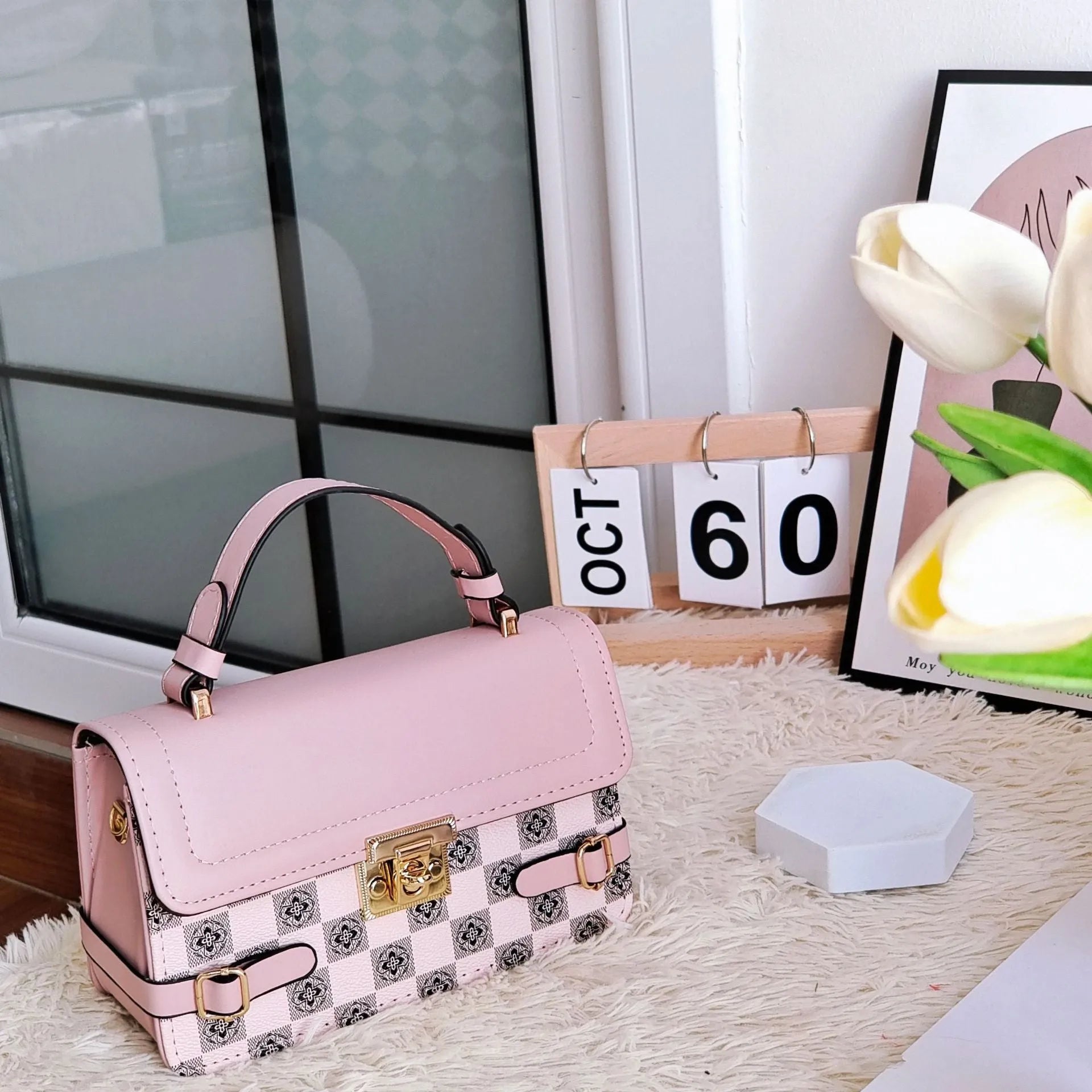 Brown ethnic pattern square crossbody bag with file compartment and structured PU build