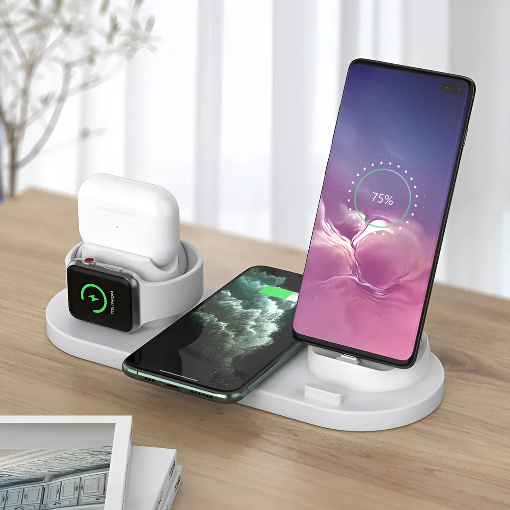 Black and white wireless charging station with phone stand, AirPods charging spot, and iWatch charger
