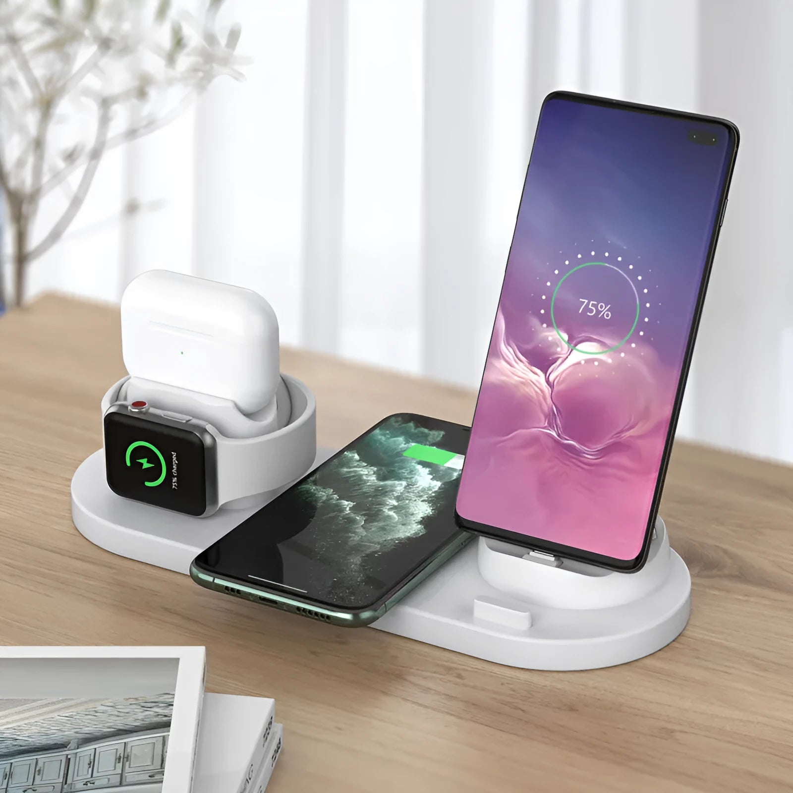 Black and white wireless charging station with phone stand, AirPods charging spot, and iWatch charger