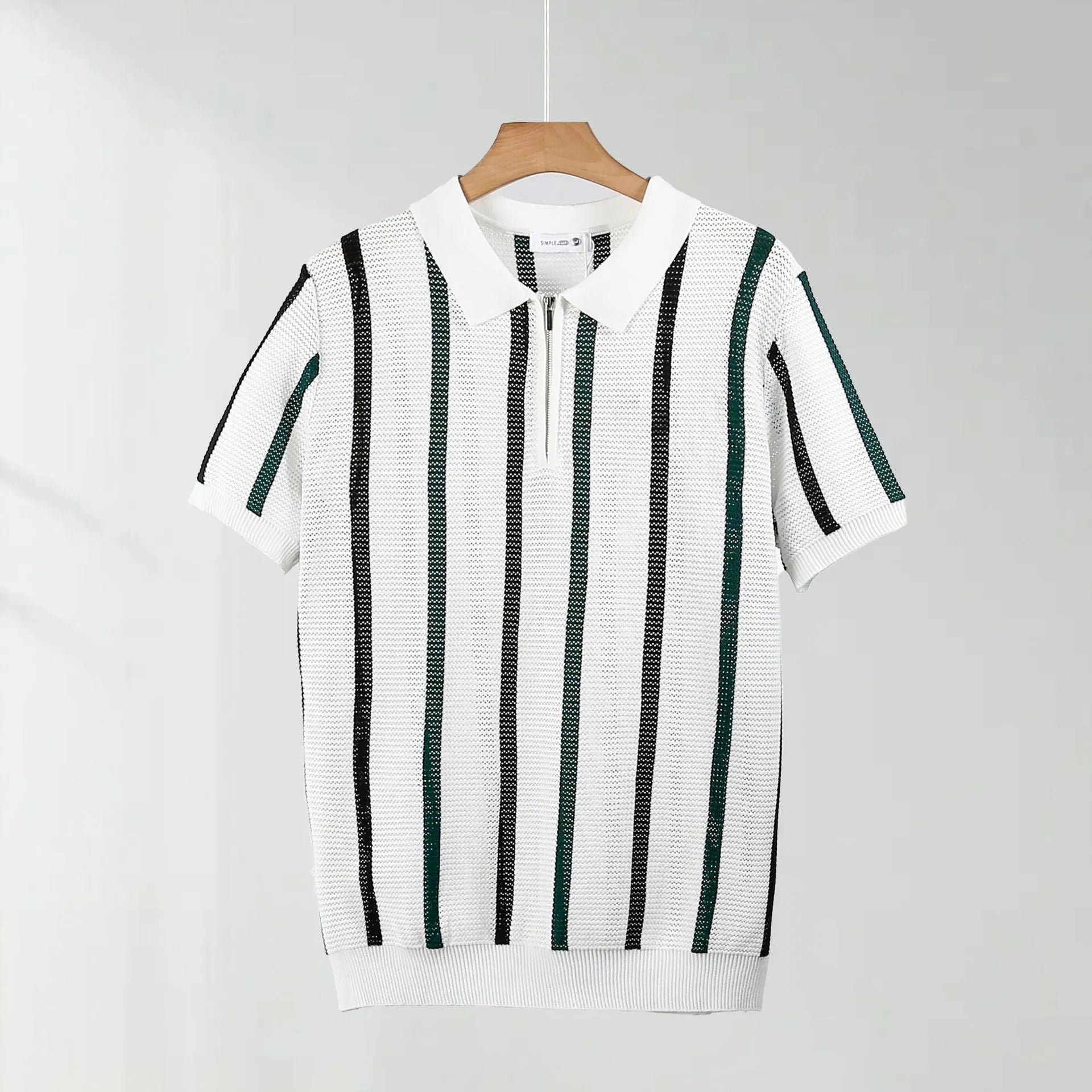 Short-sleeved polo shirt in hollow mesh ice silk fabric with decorative zipper detailing