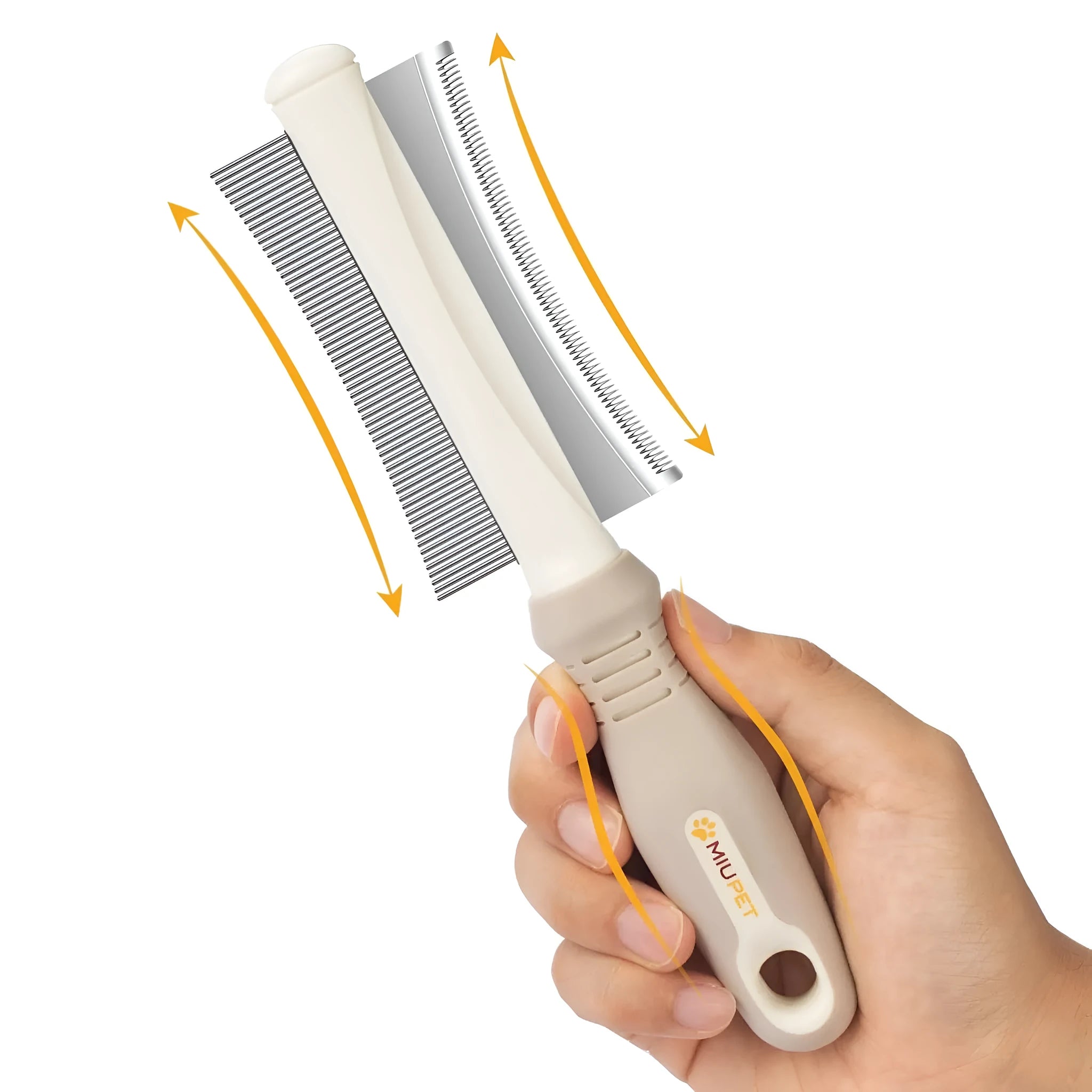 White 2-in-1 professional pet grooming brush with curved comb and deshedding brush sides on a textured handle.