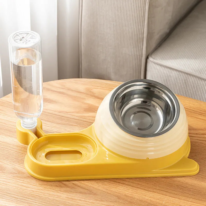 Elevated cat food bowl with automatic water dispenser in brown colour