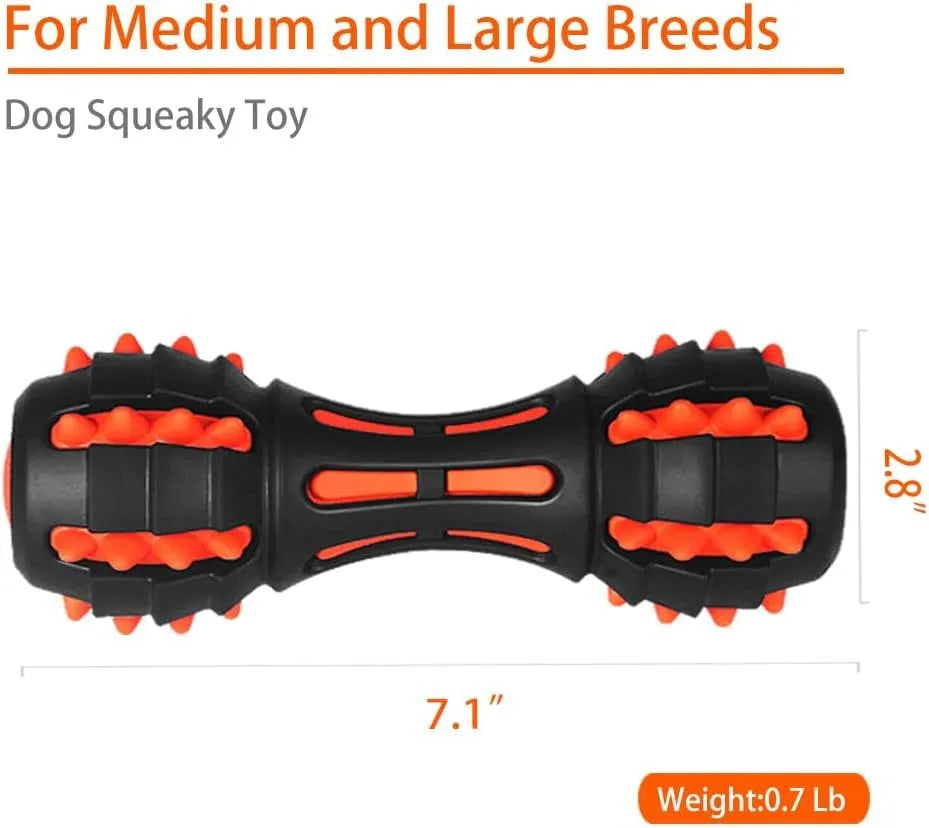Red dumbbell-shaped dog chew toy with natural rubber construction for aggressive chewers