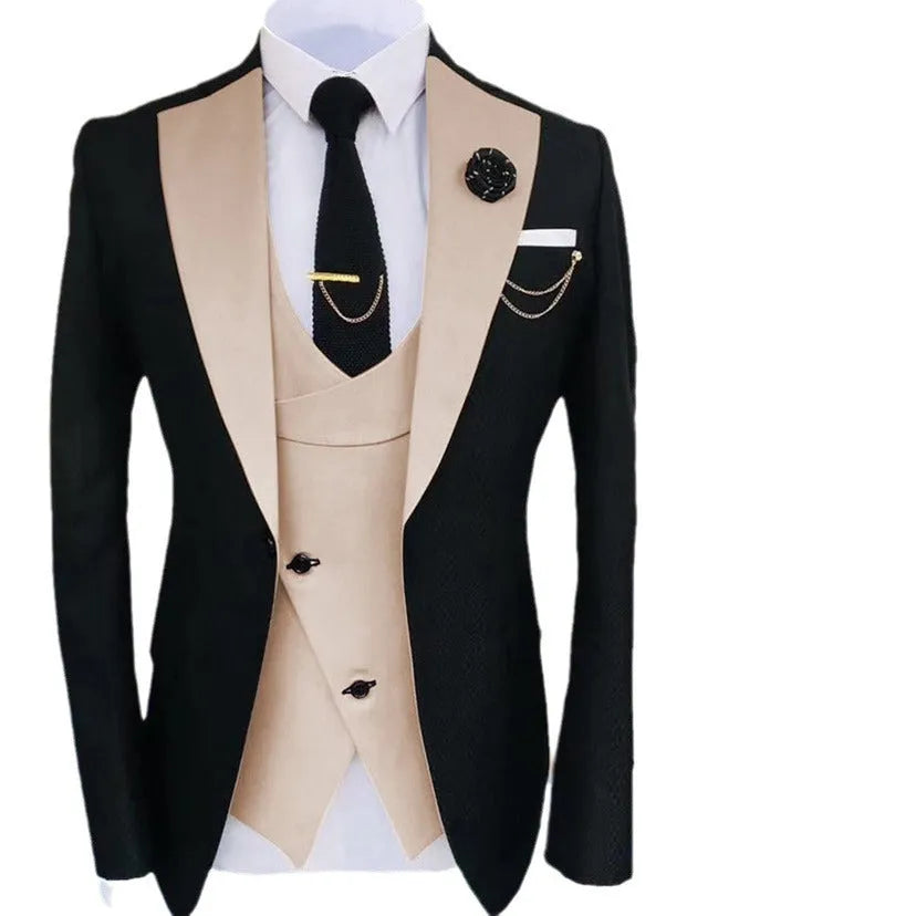 Men's slim fit cotton business suit set showing coat vest trousers