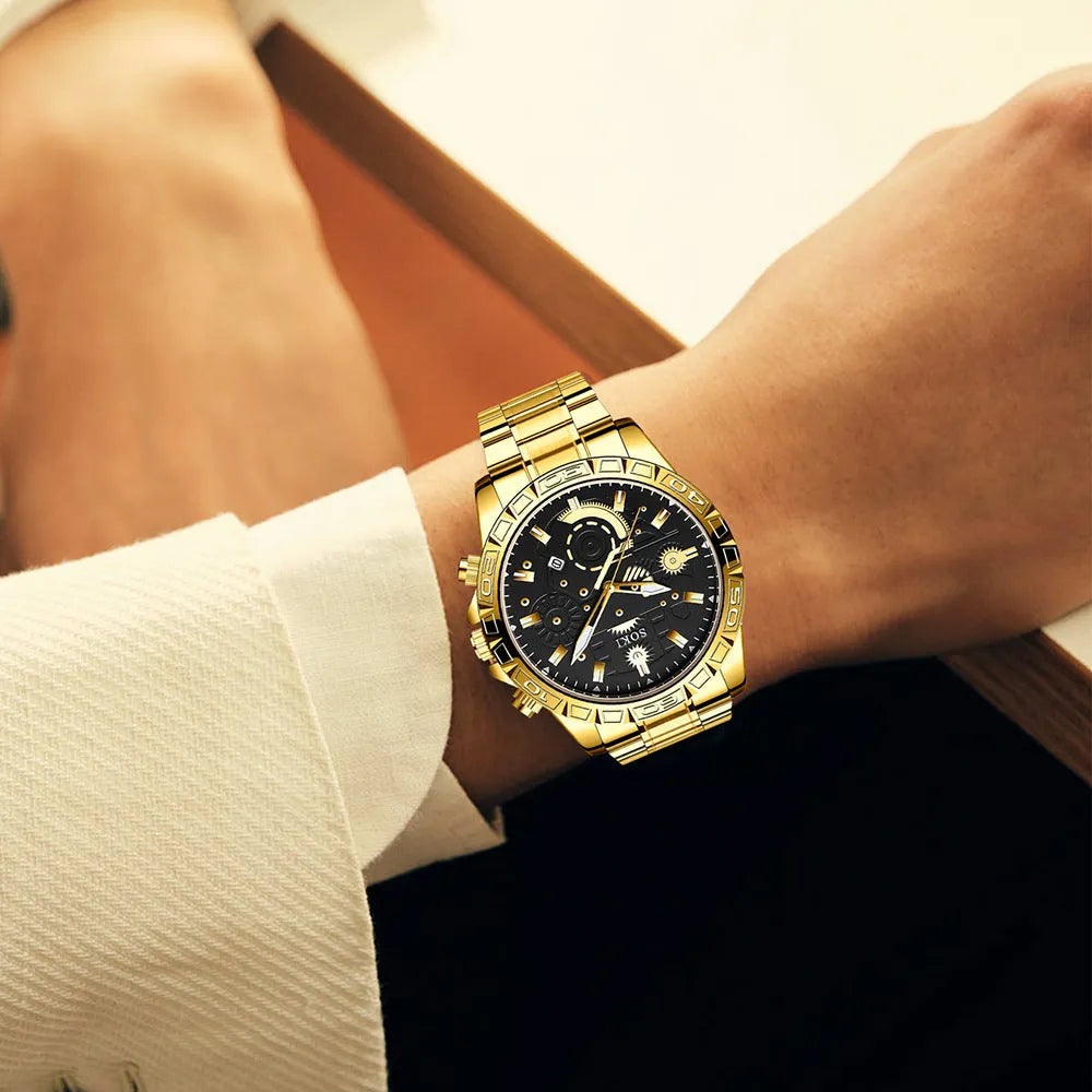 Men's gold steel business quartz watch with stainless steel bracelet on wrist
