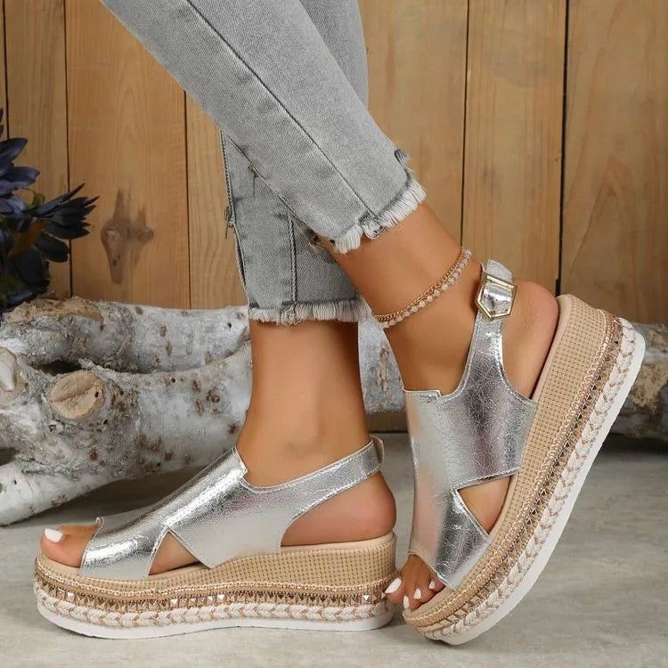 Women's Summer Shiny Sandals with Hollow Design Fish Mouth Toe and Fashion Buckle Wedges Heel in Gold or Silver Available in Sizes 36 to 43