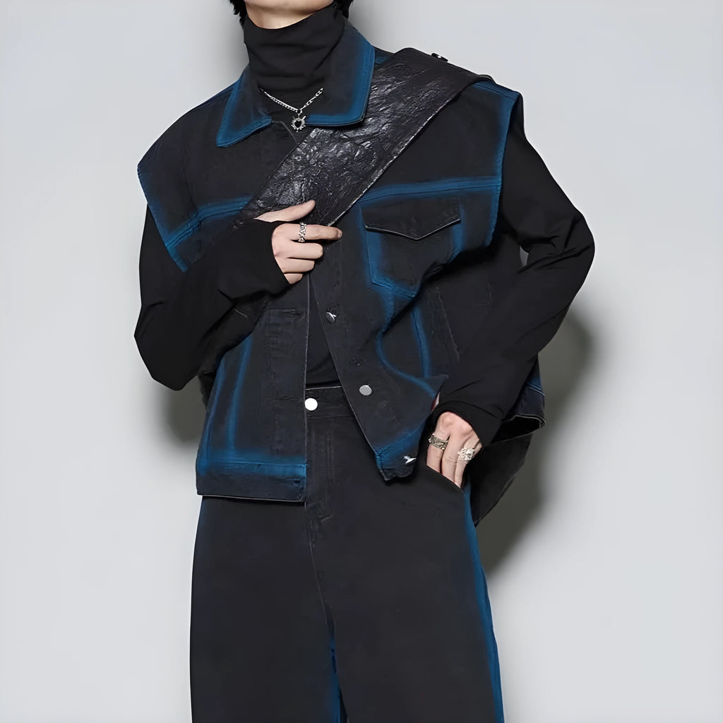 Blue distressed vest and jeans two-piece suit with spray colour gradient and fleece lining.