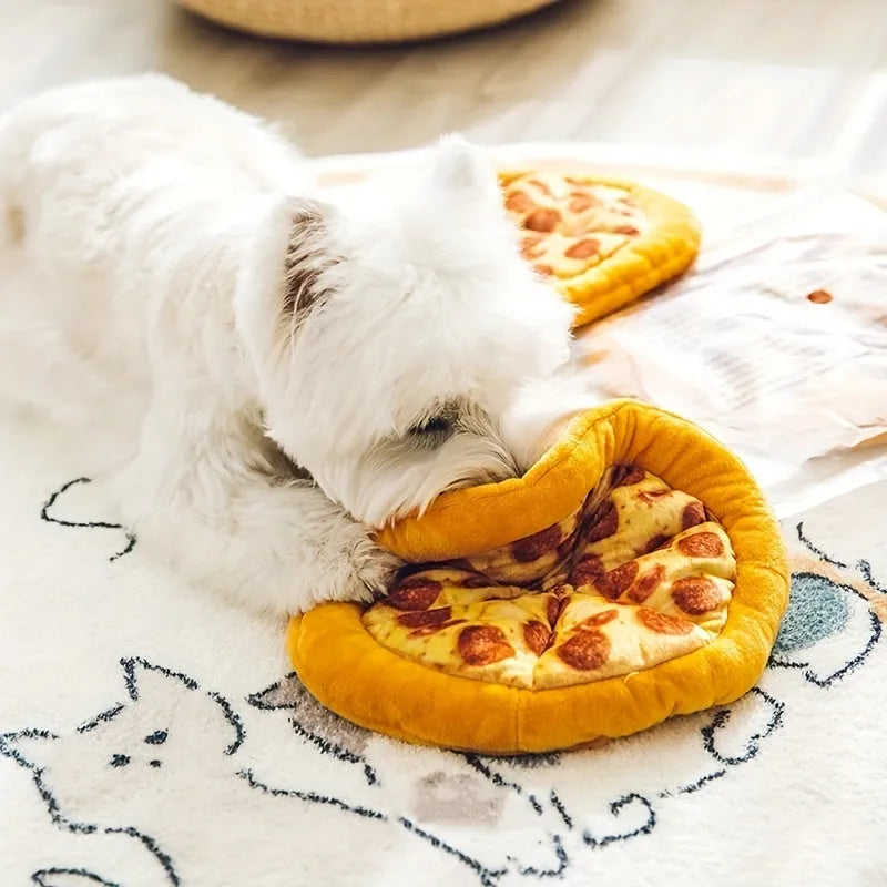 Yellow pizza slice shaped soft fabric dog chew toy with internal squeaker.