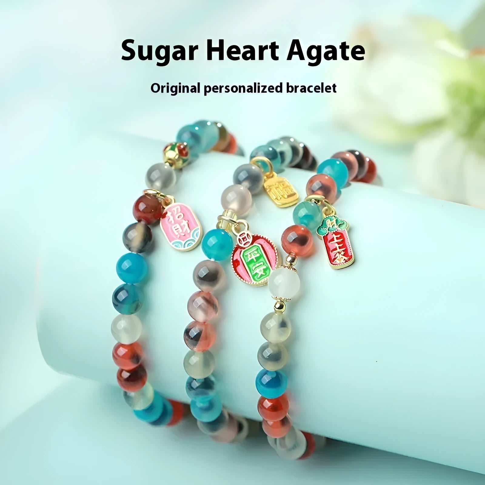 Natural colourful sugar heart agate and coloured glaze copper coin snake bracelet for women