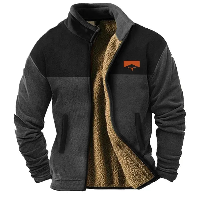 Man wearing a light brown polyester fleece padded coat, regular fit