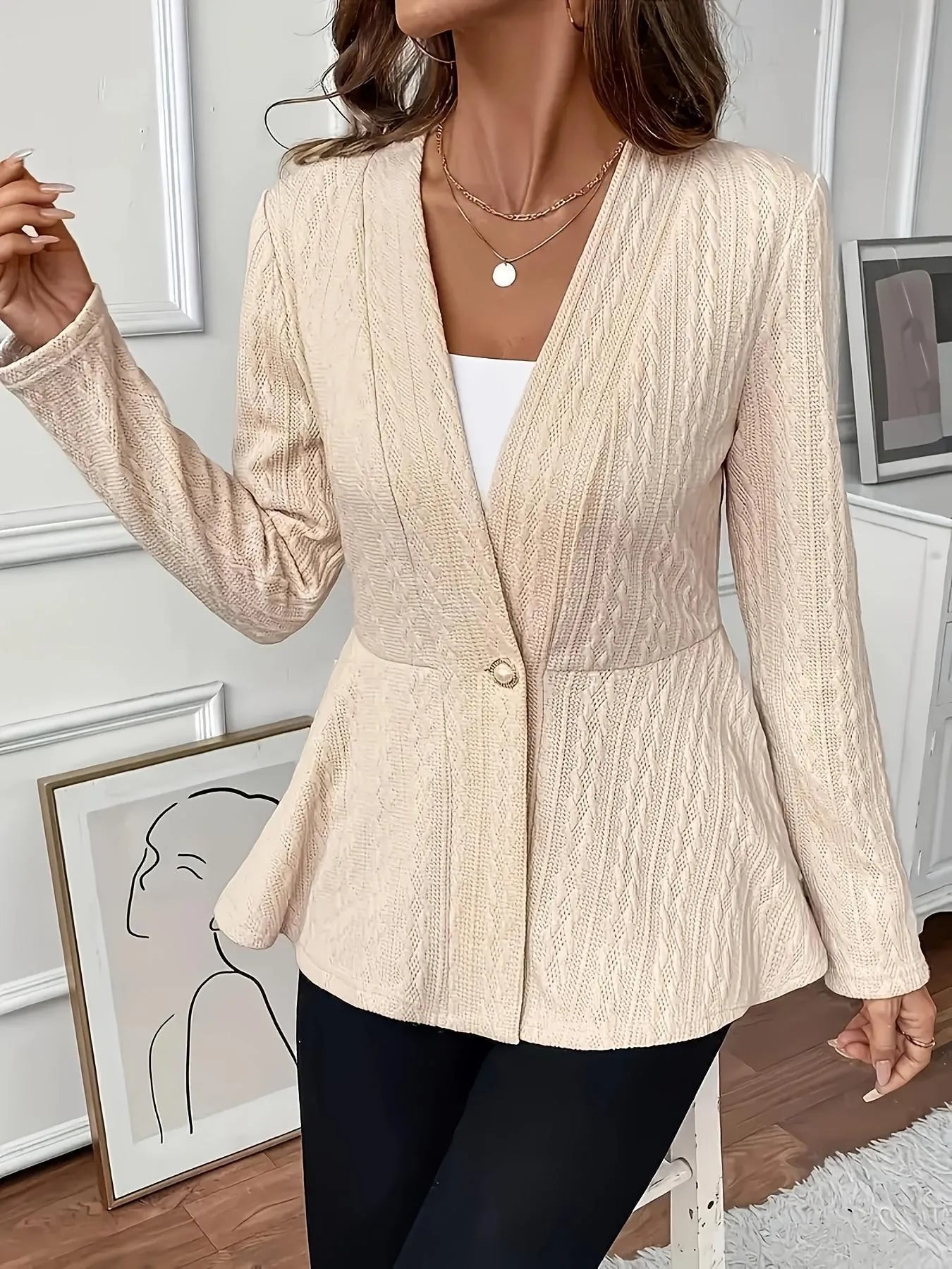 Women's jacquard pattern knitted cardigan with single button in apricot or black colour