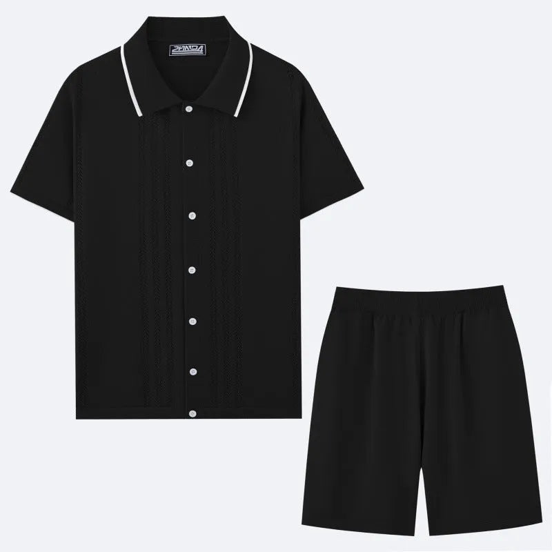Women's khaki short sleeve sweater and shorts two-piece set laid flat.