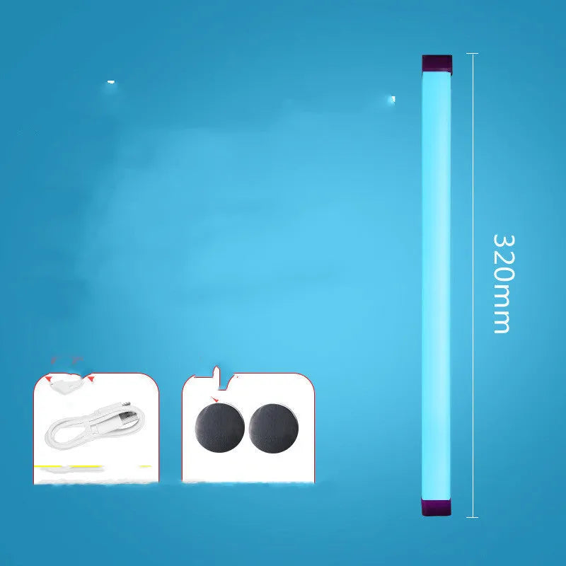 Blue and purple rechargeable LED tube light stick with dimmable RGB settings for photography and room ambience.