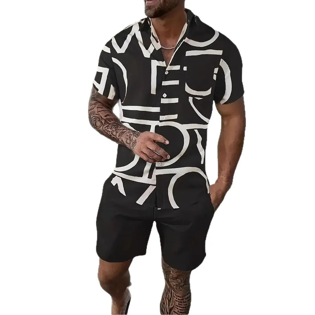 Men's Hawaiian patterned short sleeve suit with 3D print design and matching shorts