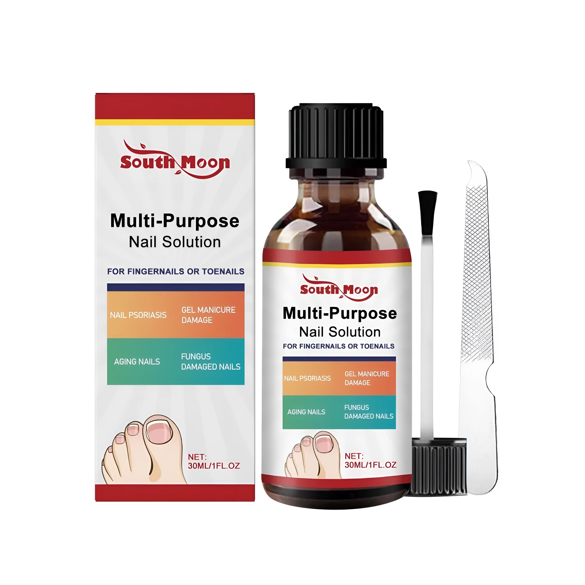 30ml nail care solution bottle with tea tree oil and white willow bark ingredients including nail file
