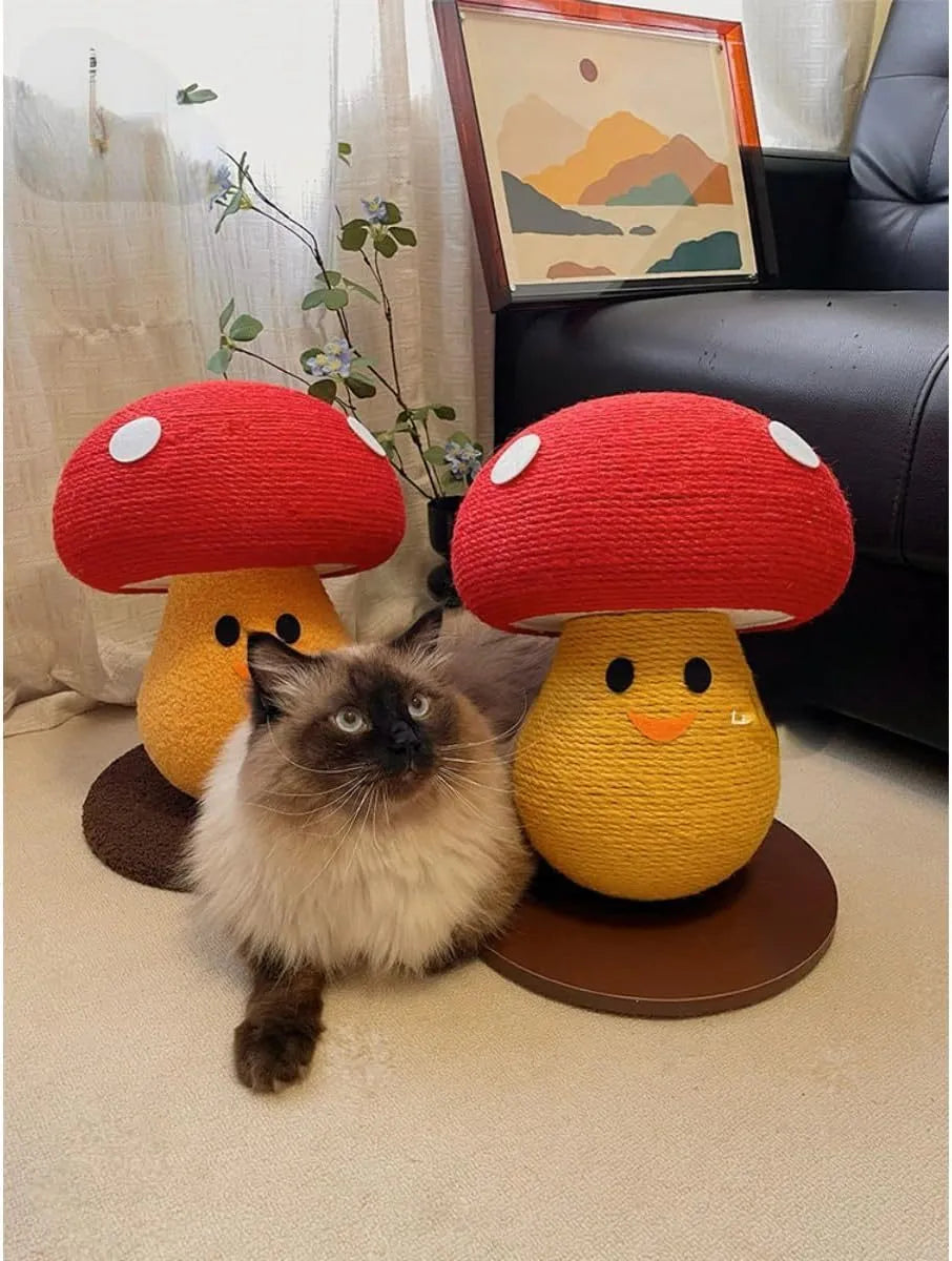 Foldable mushroom-shaped cat scratcher with accordion design, showing corrugated cardboard round board and central nest area.