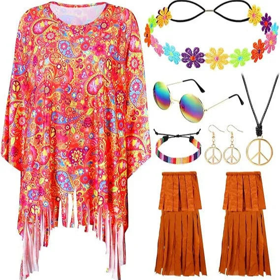 Tie dye cloak costume with rainbow printing and dramatic bell sleeves for Halloween parties