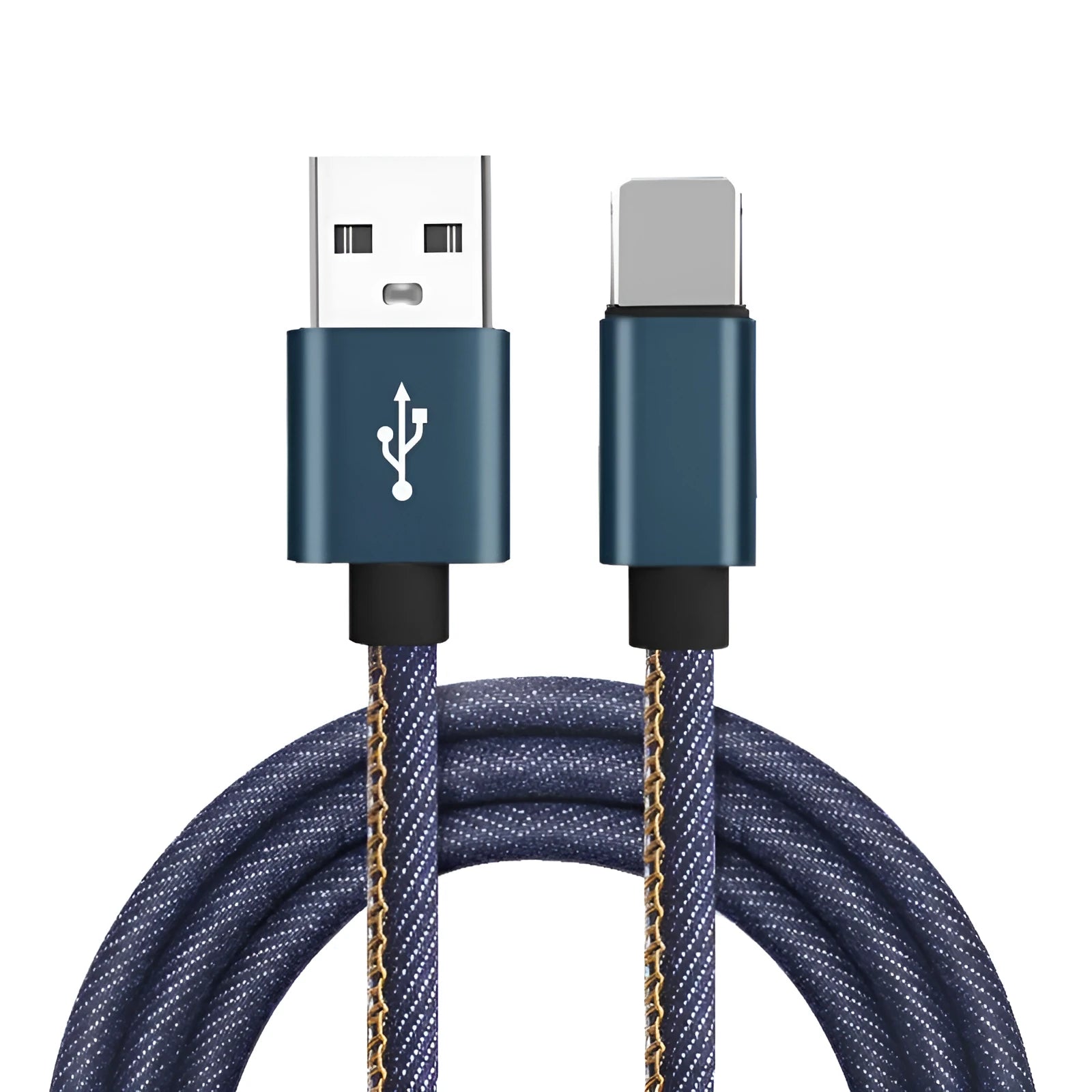 Denim braided Type-C charging cable with aluminium alloy connector in black, blue, or red colours