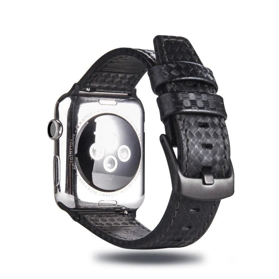 Carbon fibre pattern leather Apple Watch strap case in black, blue, orange, and red colour options.