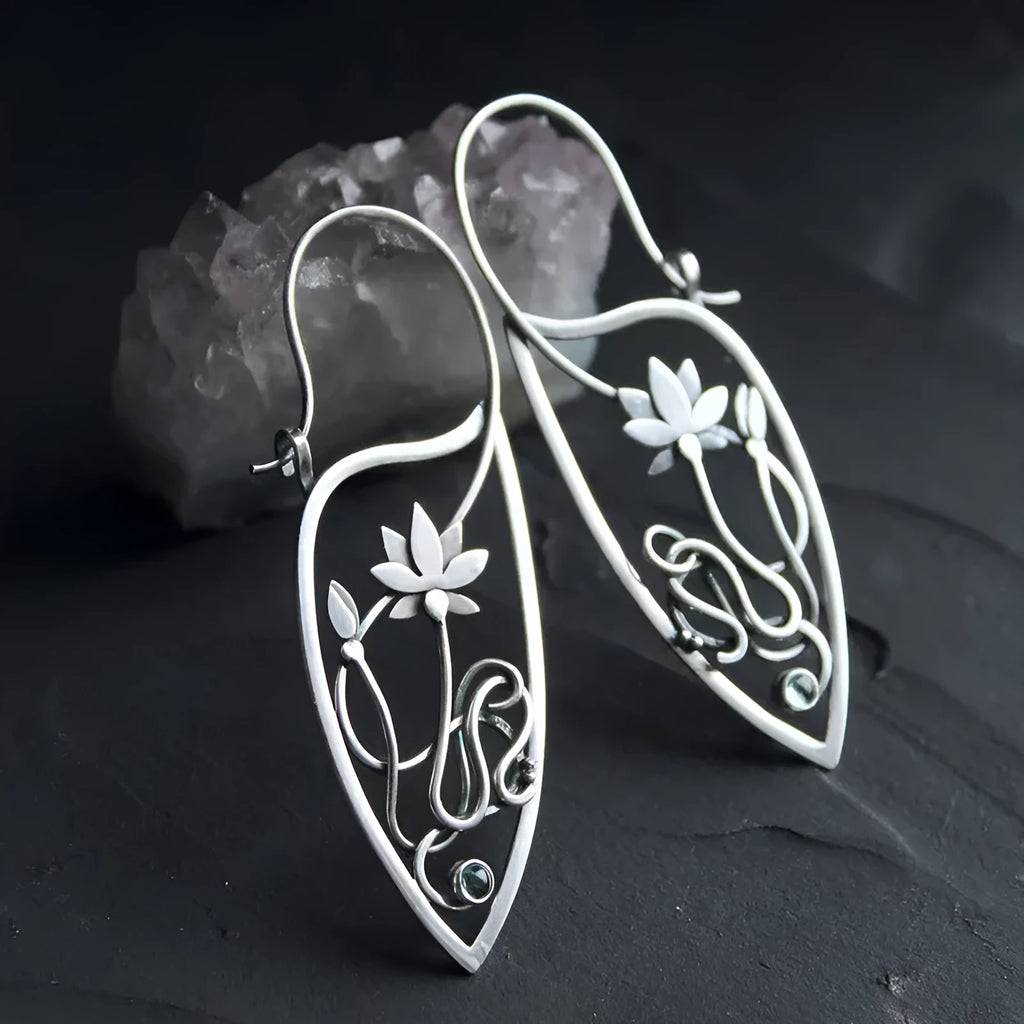 Silver lotus vine geometric drop earrings with circular rhinestones for women