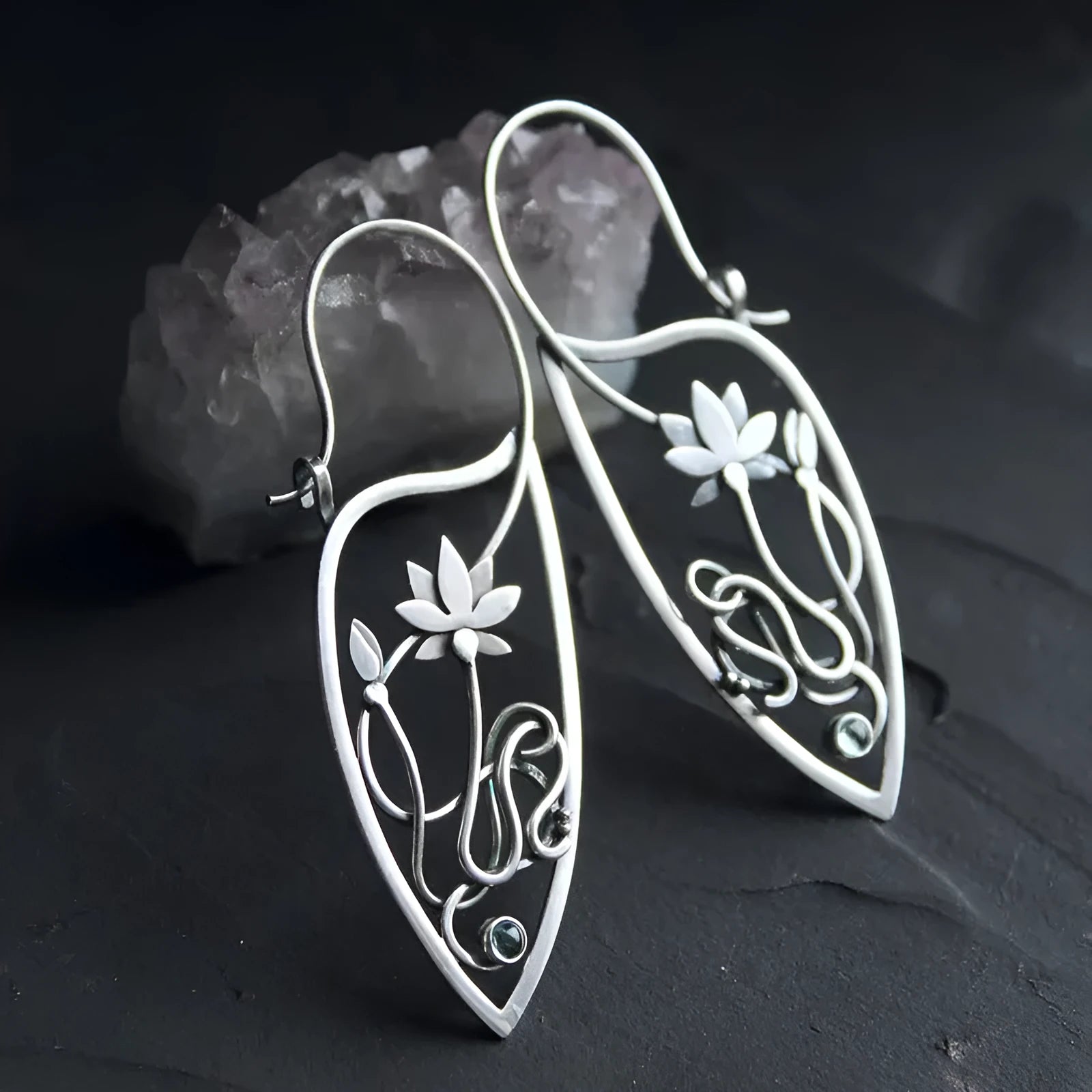 Silver lotus vine geometric drop earrings with circular rhinestones for women