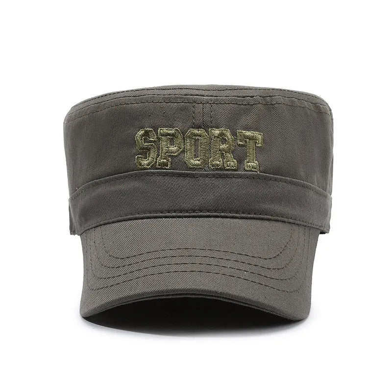 Men's adjustable cotton flat-top peaked cap in army green colour showing dome crown