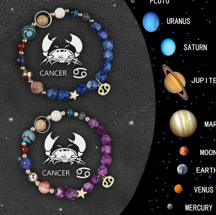 Set of twelve natural stone beaded bracelets featuring different zodiac sign designs